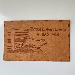 Antique Early 1900’s Unused Leather Postcard with Pig Escaping its Pen
